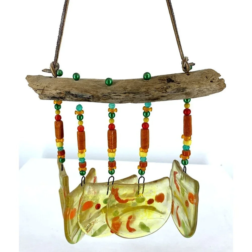Fused Glass Wind Chime Driftwood Handcrafted Yellow Orange Yard Porch Decor 14